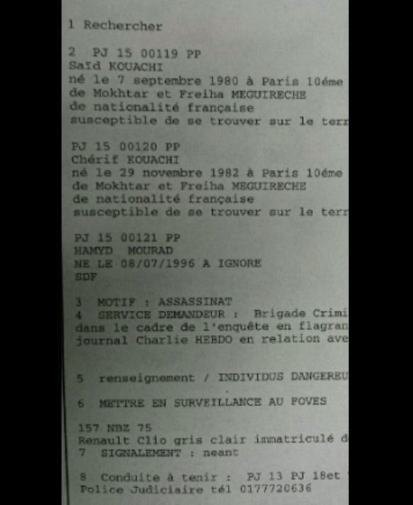 De source policière, la fiche de renseignement vue sur Twitter confirmerait l'identité des suspects #ManifCharlie