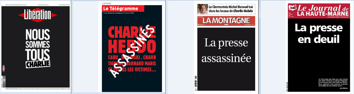 CyrilPetit's tweet photo. Beaucoup beaucoup d'encre noire dans les kiosques demain. Et ce ne sont que les premières unes. #JeSuisCharlie http://t.co/KRCdHNw5Aj