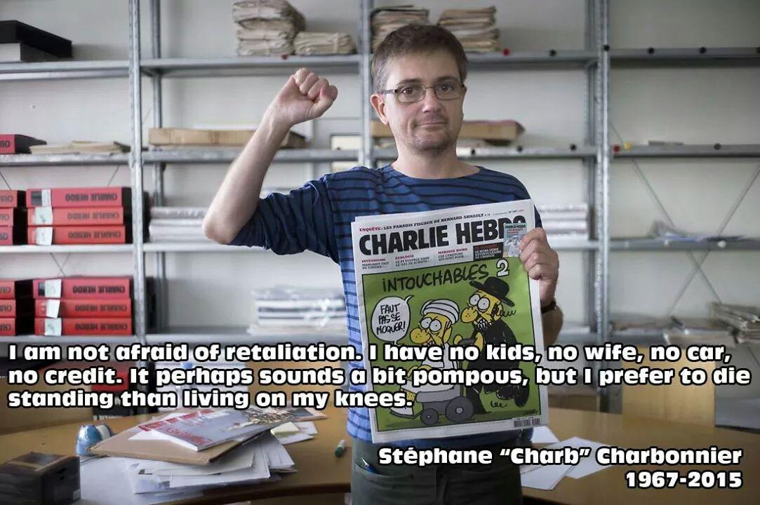 Jacques_Shark's tweet photo. #CharlieHebdo's editor Charb, assassinated today, said in 2012:"I prefer to die standing than to live on my knees." http://t.co/BotiJy7EGP