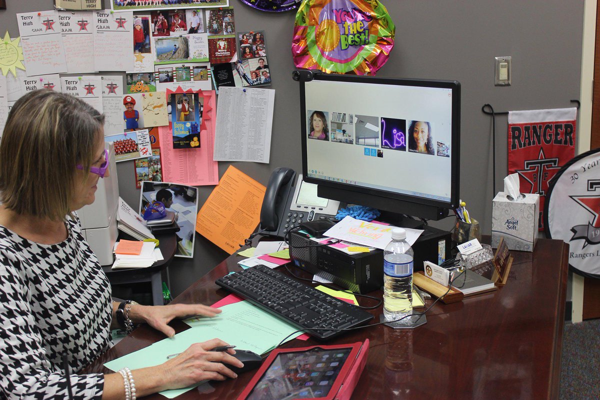 Terry High Principal Dr. Vera Wehring participates in a Webinar. Photo by Isaiah Villalobos. #APrincipalsDay