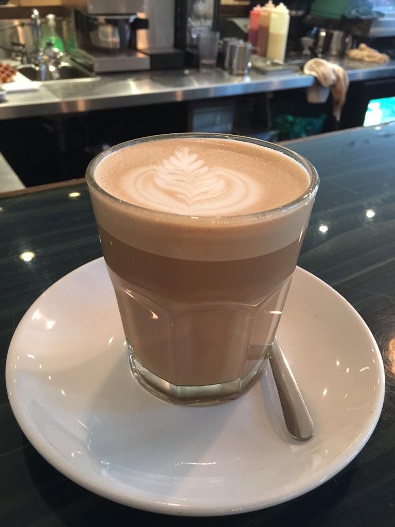 Lavender latte. Breakfast time! <a href="/CafeMedina/">Medina Cafe</a>