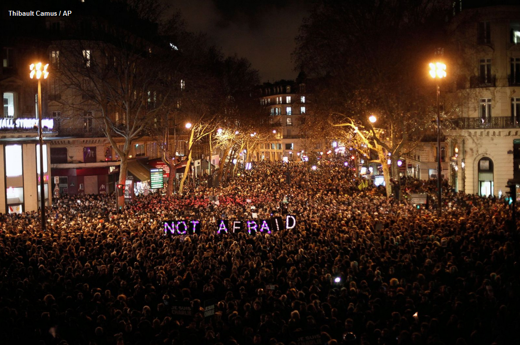 GMA's tweet photo. "NOT AFRAID" - Thousands in France gather to a send message after Charlie Hebdo attack. http://t.co/i4iNC9hLs3 http://t.co/IgiP5dkW1g
