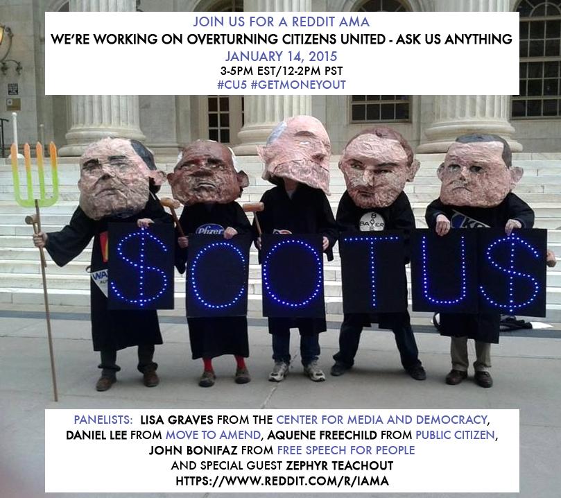 FilmsForChange's tweet image. Want to overturn Citizens United?  JOIN US 1/14 @MoveToAmend @Public_Citizen @PRWatch @FSFP @ZephyrTeachout @REDDIT