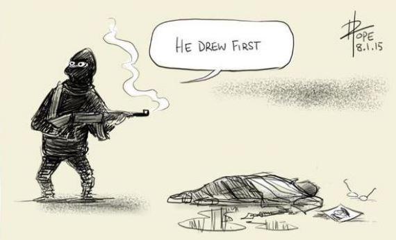 "He drew first": Poignant cartoon by <a href="/davpope/">David Pope</a> on #CharlieHebdo terror attack hits a nerve ow.ly/GXN0v