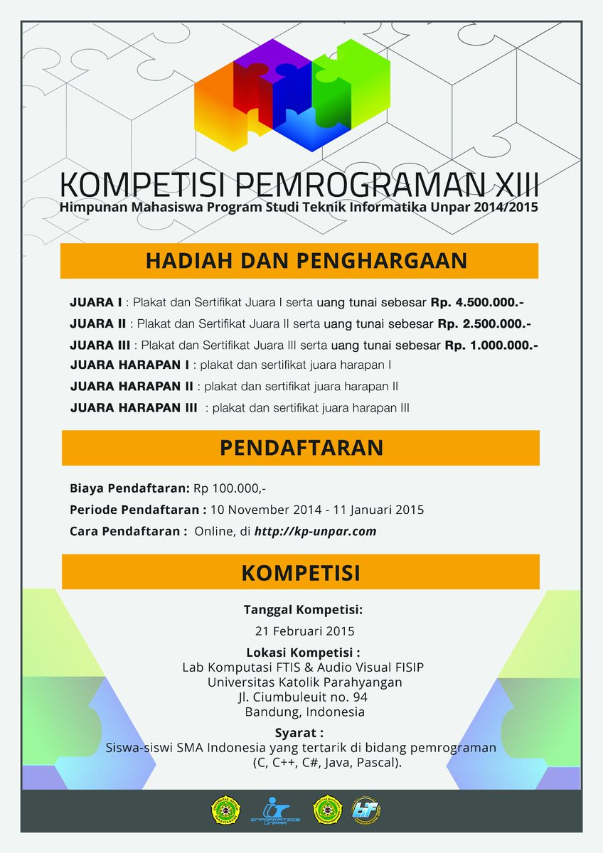 Ayo teman-teman <a href="/smatarunabakti/">SMA Taruna Bakti</a> daftar KP XIII dari @HMPSTIF Unpar
info selengkapnya : kp-unpar.com