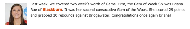 Congrats to <a href="/BeaverBlackburn/">Blackburn Athletics</a>'s Briana Rae!  She was voted #D3 #Gem of the Week - Week 6 ow.ly/GY052