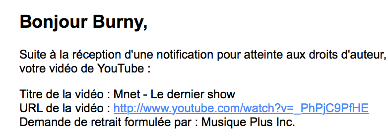 b_blondin's tweet photo. QUOI !!! #Youtube retire MA vidéo pour atteinte aux droits d'auteur de @MusiquePlus Ce sont MES images #SauvonsMnet http://t.co/KUACNJ2E5f