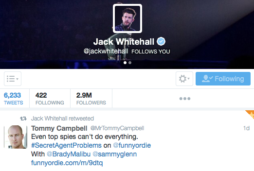 MrTommyCampbell's tweet photo. It's amazing when your buddy shares your work with 2.9 million people! Thanks @jackwhitehall!
#SecretAgentProblems http://t.co/HM7DtTVX0Z