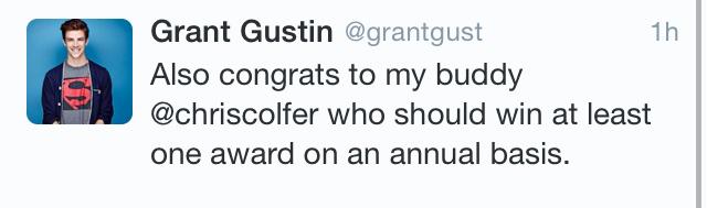 nayadreamer's tweet photo. That moment when Grant Gustin speaks for the entire Chris Colfer fandom. #Colfin http://t.co/QIoYwQP9mj