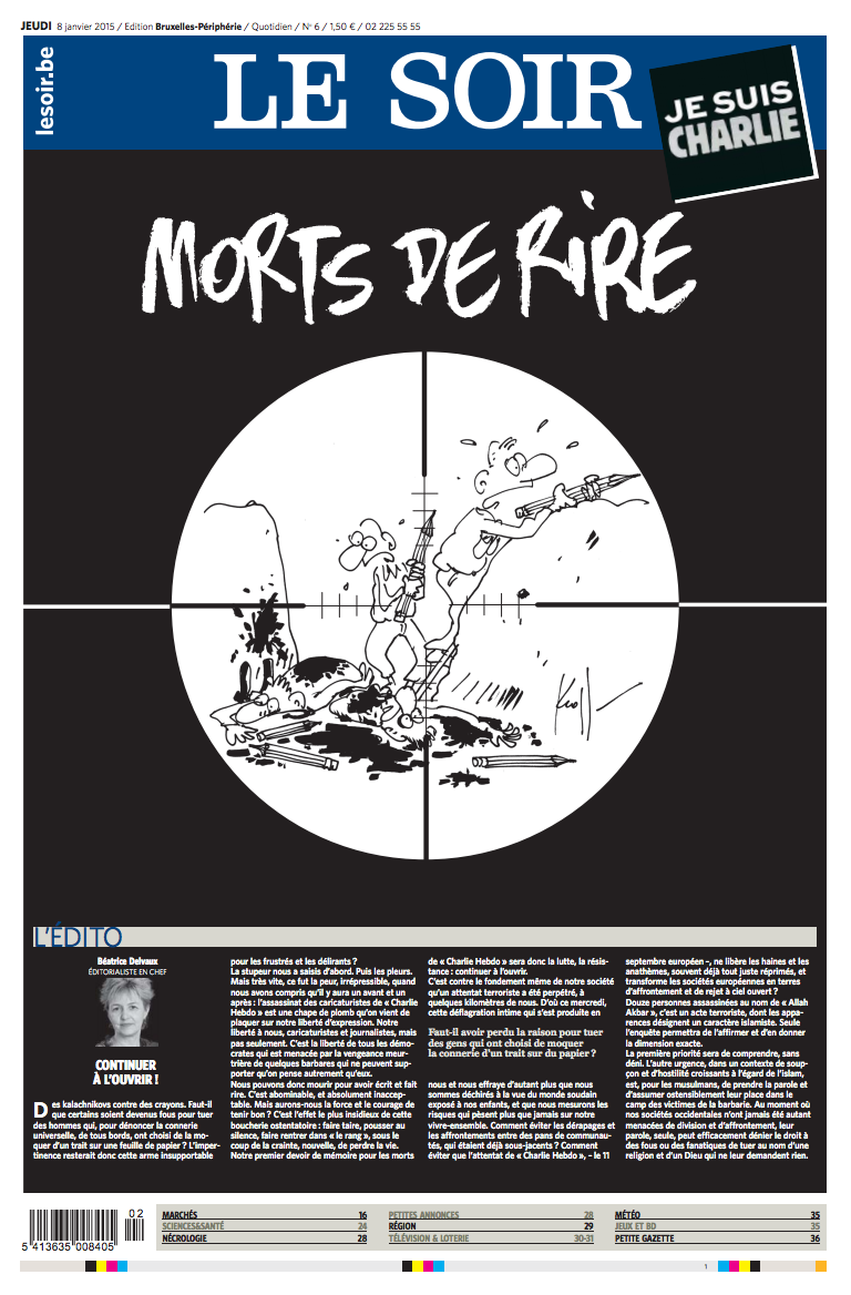 lesoir's tweet image. #LeSoirDuJour "Morts de rire" - en librairie ou en version PDF pdf.lesoir.be #JeSuisCharlie