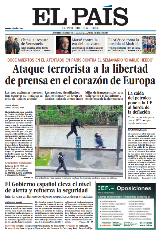 el_pais's tweet photo. En #Portada América: Ataque terrorista a la libertad de prensa; China, al rescate de Venezuela http://t.co/WqX3EaJTC5 http://t.co/cdAFmLSFt2