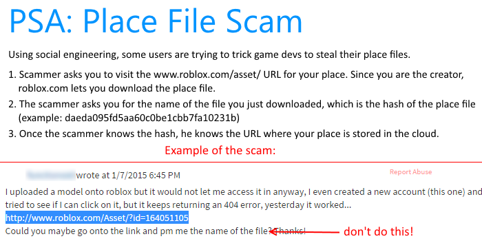 Roblox Dev Tips On Twitter Psa Many Popular Developers Are Being Targeted With This Place Stealing Scam Retweet To Spread Awareness Http T Co Crmua2pksq - roblox dev tips on twitter ever wondered why you don t receive money immediately from in game sales here s why http t co cgkjqxzqpa