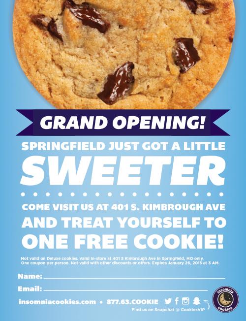 insomniacookies's tweet photo. Hey Springfield, we're officially open! Visit us for a FREE cookie! @missouristate @TheStandard_MSU #MSUBears http://t.co/vXrZt75LOd