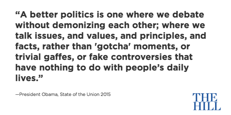 thehill's tweet photo. Obama: "a better politics isn’t one where Democrats abandon their agenda or Republicans simply embrace mine."  #SOTU http://t.co/s4hdMmECE5