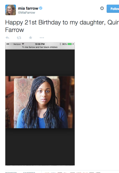 Mia Farrow wishes her adopted black daughter happy birthday on message, googles \"Mia Farrow and her black children\" 