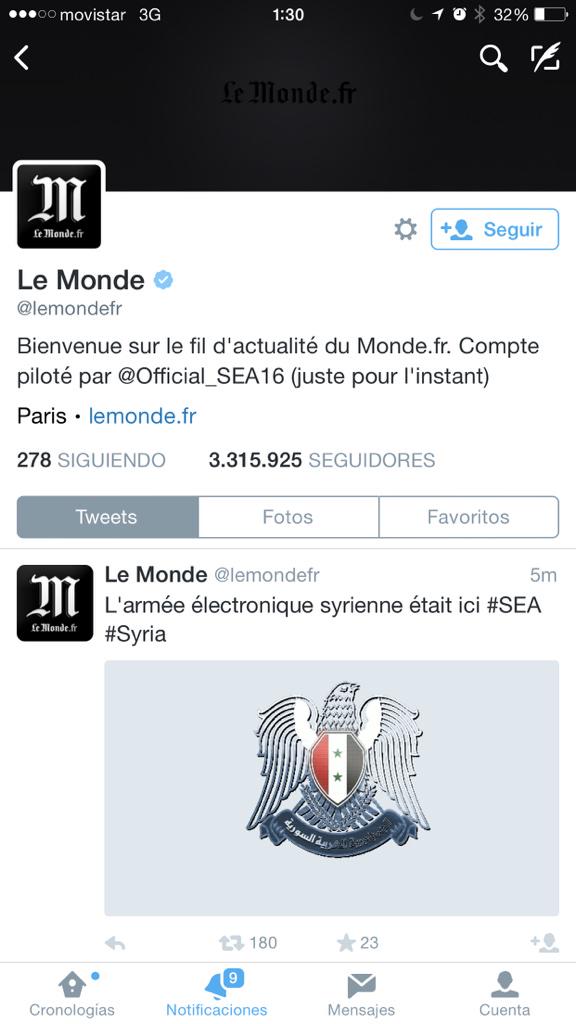 jatirado's tweet photo. ATENCIÓN la cuenta de TW DEL periódico francés @lemondefr ha sido #HAKEADA por piratas informáticos @oalvareza http://t.co/58kbBn3PZz