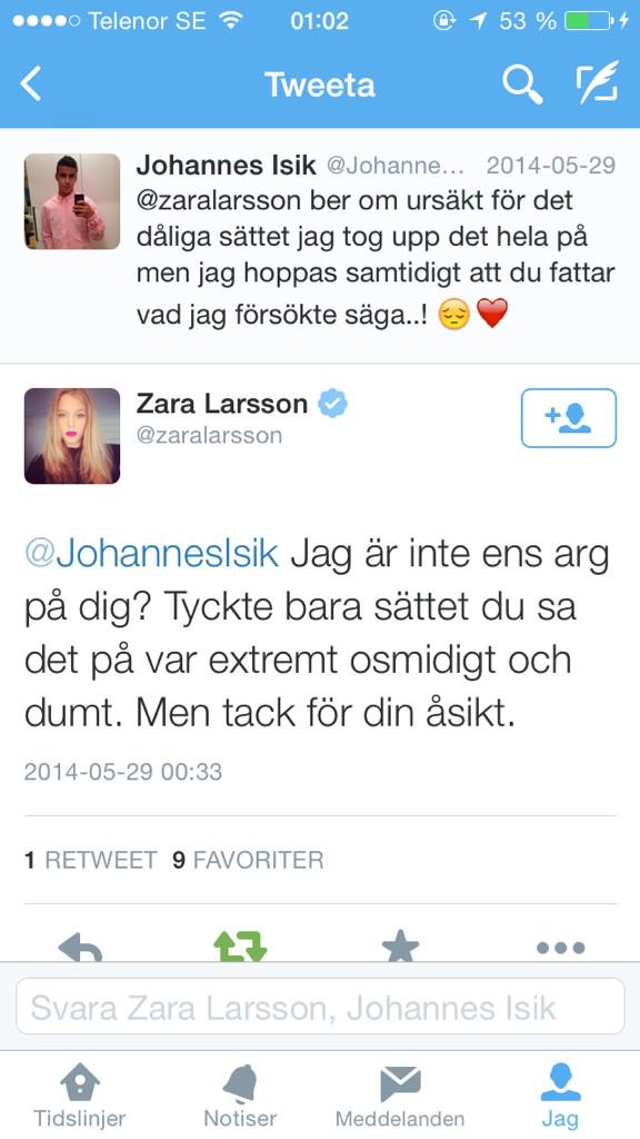 Emanuelarvidsso's tweet photo. Trött på kändispar som ska bråka på twitter, håll det för er själva. @JohannesIsik  @zaralarsson http://t.co/YebYdKfApq