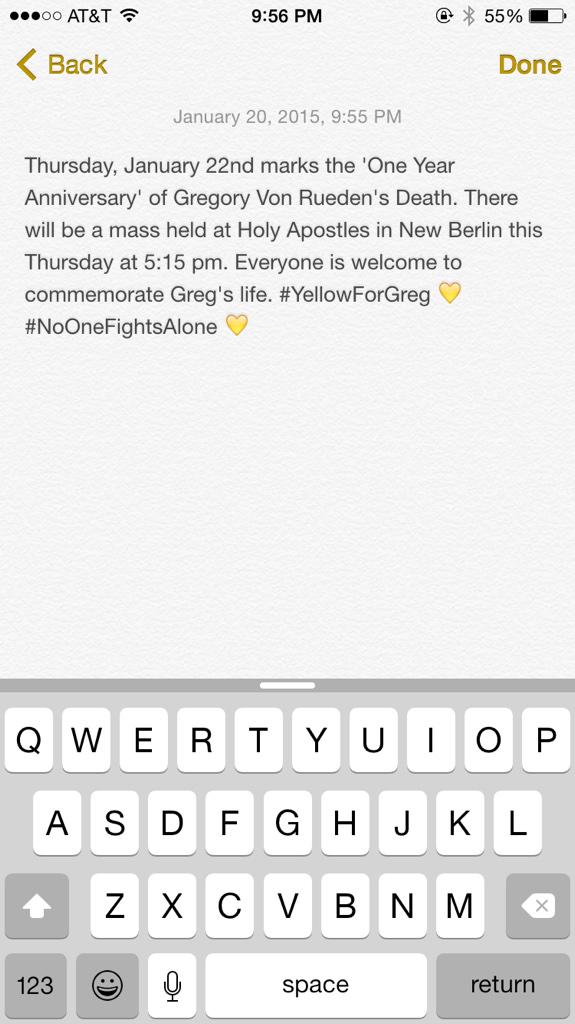 JakeVon23's tweet photo. 💛 Memorial Mass for Greg Von Rueden 💛   💛 #YellowForGreg #NoOneFightsAlone 💛
💛 Thursday, January 22nd #NeverForget 💛 http://t.co/IUtPWkjEdb