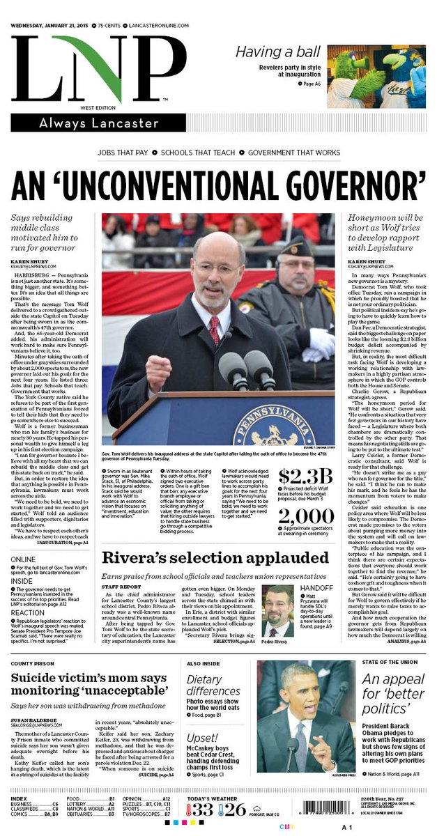 sociallyamy's tweet photo. A preview of tomorrow's cover of LNP, with coverage from @LancasterOnline of #PAinaug #SOTU and more. http://t.co/Yv79sRnGhb