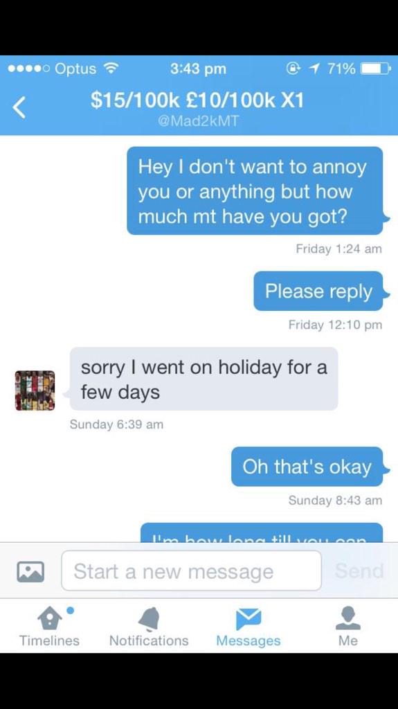 ScamDetectors's tweet photo. EVERYONE GO REPORT/BLOCK @Mad2kMT FOR SCAMMING (1/2) http://t.co/v18qWHxw4H