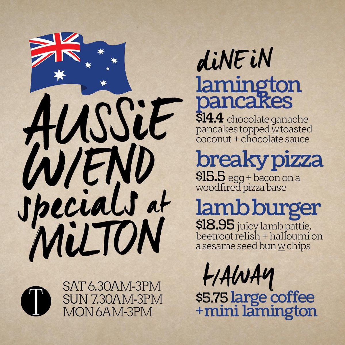 Togninis's tweet photo. We're running some delicious specials for the Aussie Day Weekend at Milton. Catch us Sat-Mon. #togninis #aussieday http://t.co/cLwidhW6s2