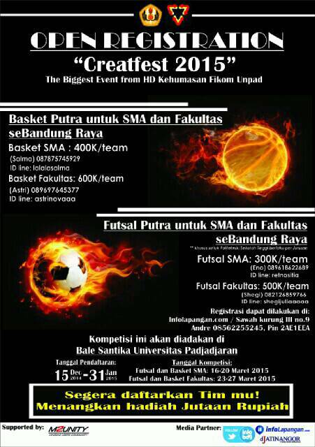 creatfest2015's tweet photo. @sman27bdg16 Lomba Basket&amp;Futsal Creatfest Fikom Unpad utk SMA&amp;Fakultas se Bdg Raya, pendaftaran hingga 31 Des 2015. http://t.co/CjuAwiUYbq