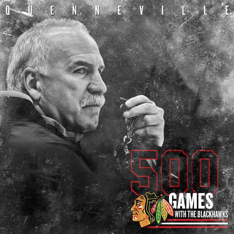 NHLBlackhawks's tweet image. With tonight's win in the books, Joel Quenneville has coached 500 games behind the #Blackhawks bench. #CongratsCoachQ