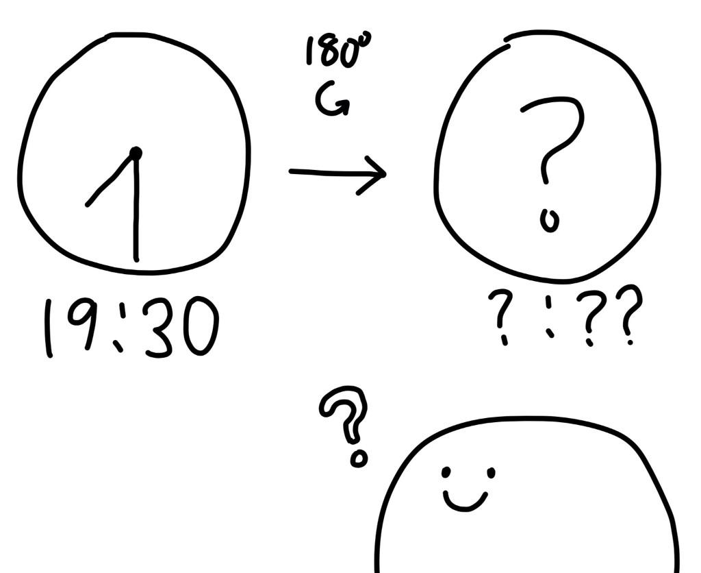 Q.19:30の時計を180度逆さまにしたら何時になるかな?おうちの人と考えてみよう! 