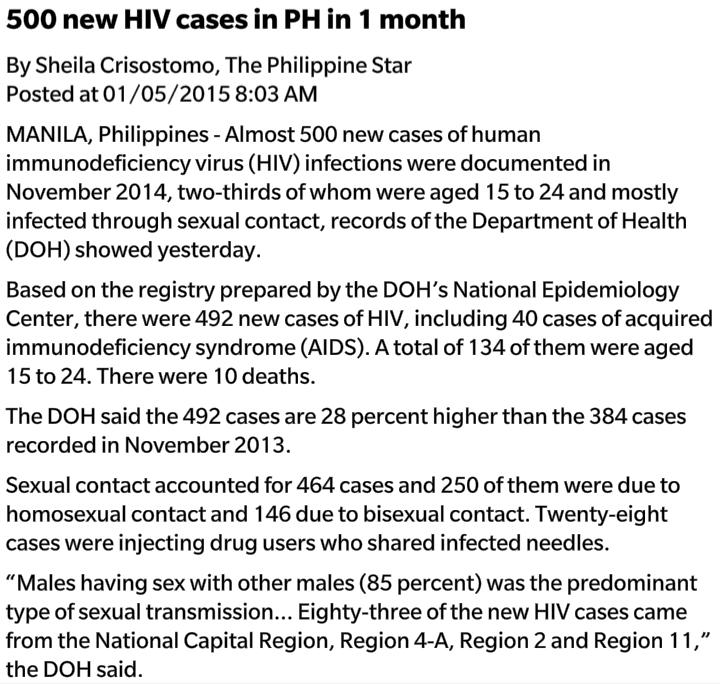 nursehussein's tweet photo. 500 new HIV cases in the Philippines in 1 month. #HIValert http://t.co/ufIeOugiNN