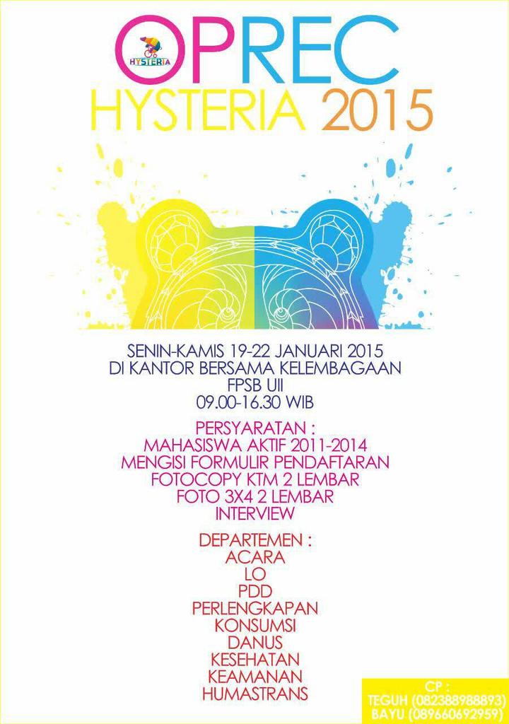 andrhaidarafi's tweet photo. Prek Oprek Oprek.. "Hysteria 2015" | 19-22 Januari | kantor @LEMFPSBUII | @PSIKOLOGIUII14 @HI_UII14 @KomunikasiUII14 http://t.co/wPa764CcBx