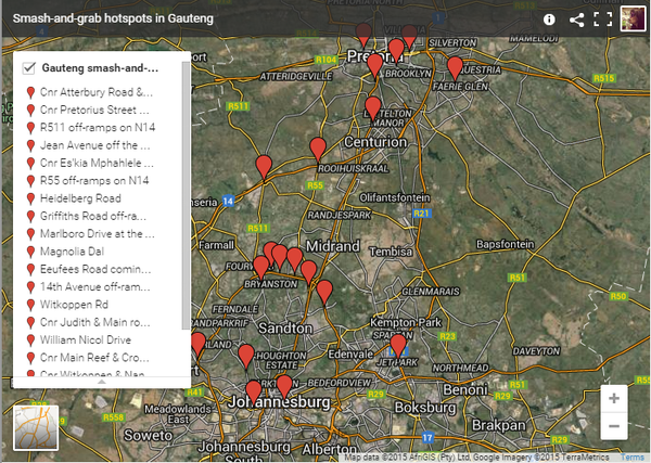 ewnupdates's tweet photo. [MAP] EWN maps out smash-and-grab hotspots across Gauteng. Get all the details here: http://t.co/MUSZdE8k2v http://t.co/C2SjnuzAlB