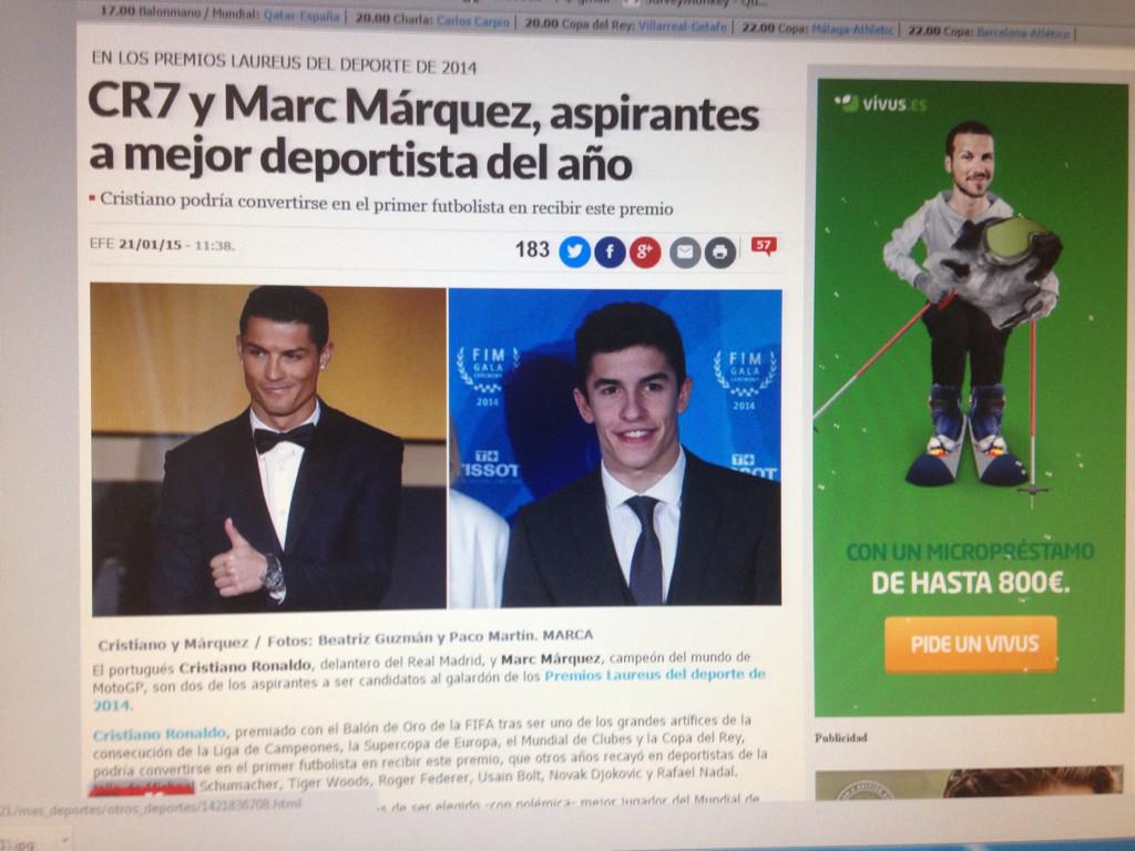 Que vergüenza de medios <a href="/Jgomeznoya/">Javi Gomez Noya</a> nominado l premio Laureus y en los medios nacionales prefieren mencionar a CR7 ->