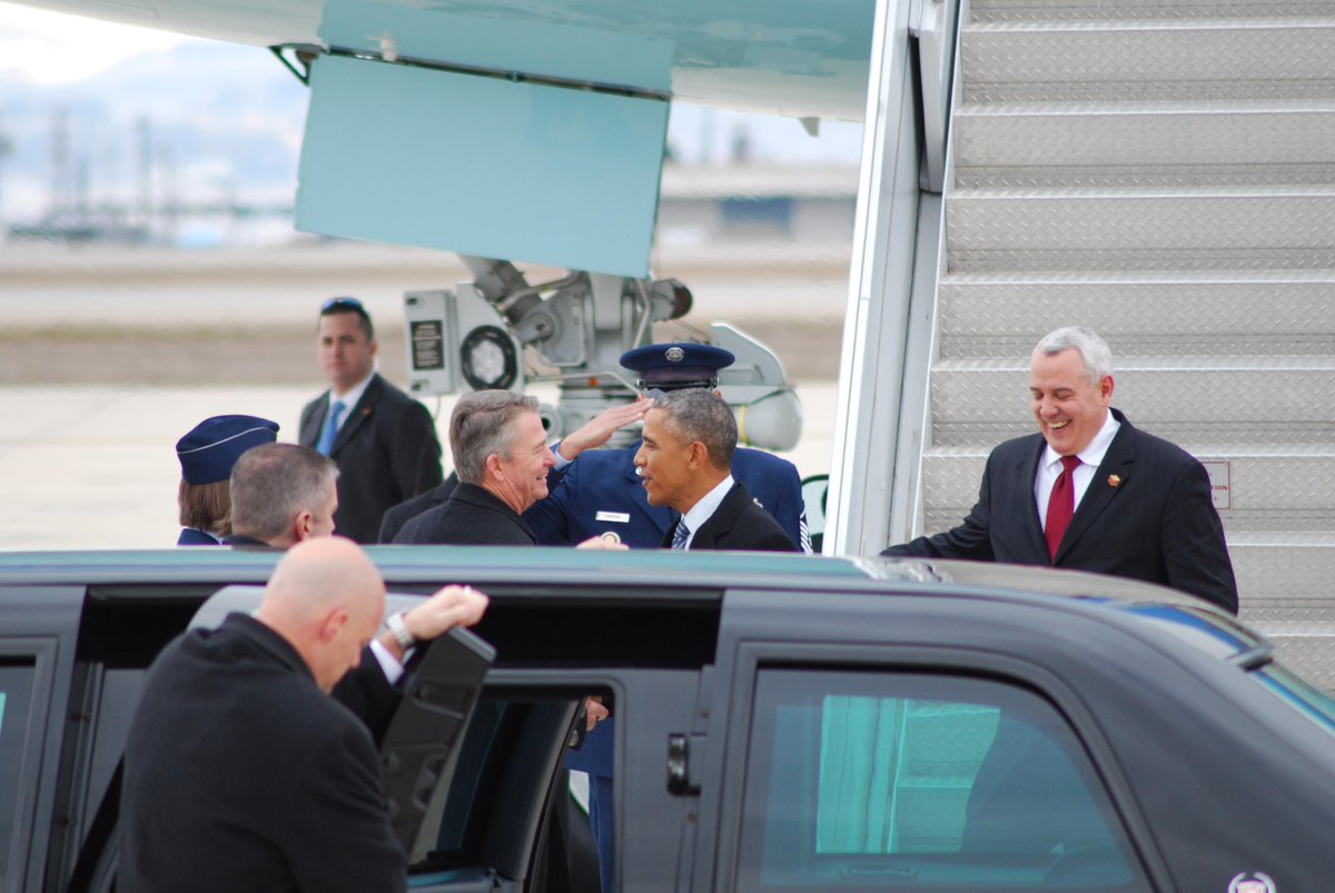 Boiseweekly's tweet photo. Obama meets Lt. Gov. Brad Little shortly after landing. #POTUSBOI http://t.co/1zHcBoh0BF
