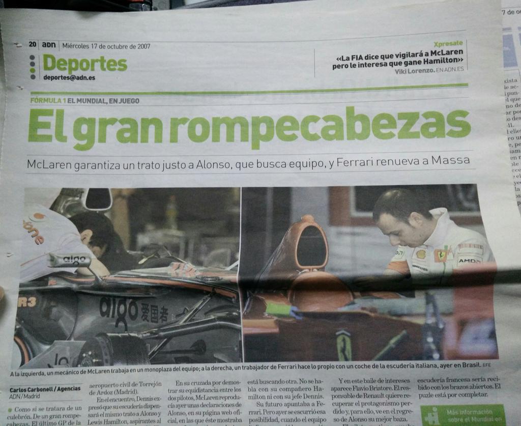Periódicos del 2007 que te encuentras por casualidad en el Metro, esperemos que no traiga mal fario!! <a href="/alo_oficial/">Fernando Alonso</a>