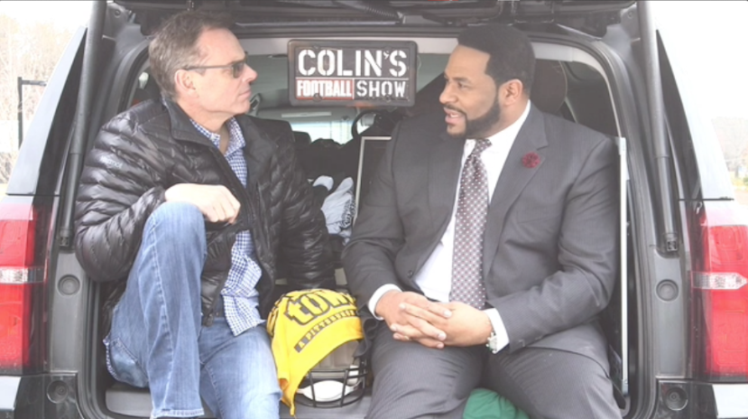 ColinsFBShow's tweet photo. This week, @ESPN_Colin is doing the entire show from his car.

Get ready for "Trunk Confessional" w/ @JeromeBettis36 http://t.co/LmAp971qeN