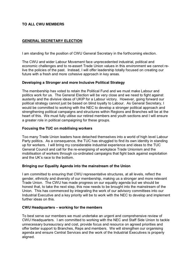DaveWardGS's tweet image. My first letter on the General Secretary Election. PLEASE RETWEET #CWU #Dave4GS