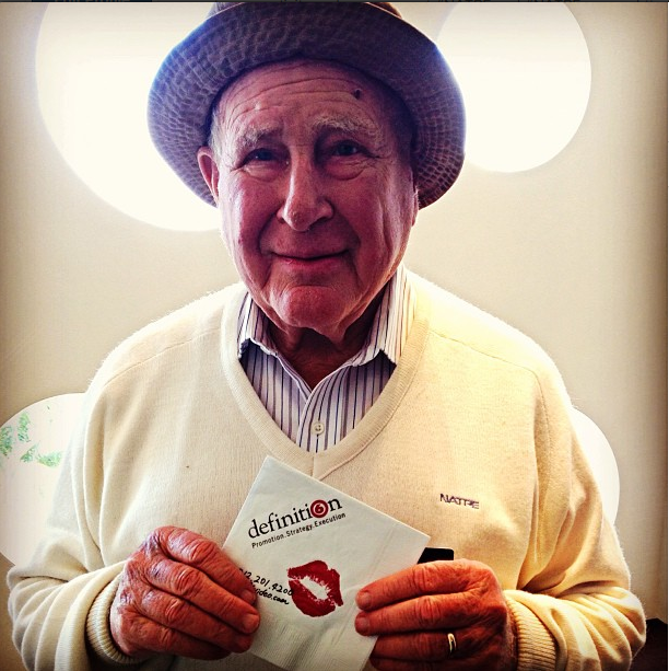 NATPE's tweet photo. #NATPE Founder #LewKlein, takes a selfie with this napkin so something good can happen! #def6video #NATPE2015 http://t.co/DcDqaSZl4Y
