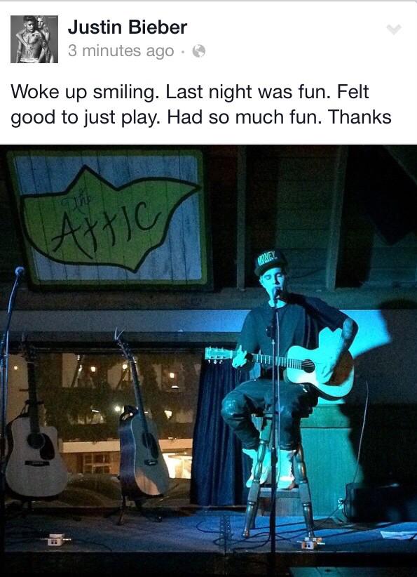 biebersmaniabr's tweet image. "Acordei sorrindo. A noite passada foi divertida. Me senti tão bem tocando. Me diverti muito. Obrigado" via Facebook