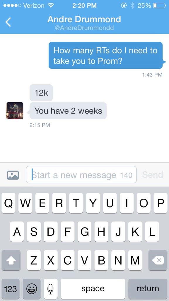 HELP ME GET 12K RETWEETS SO I CAN TAKE <a href="/AndreDrummondd/">Andre Drummond</a> TO PROM 🙏