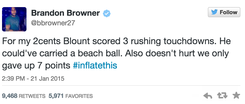 ESPNNFL's tweet image. Patriots CB Brandon Browner reacted today to #DeflateGate » es.pn/1Bf4GEe
