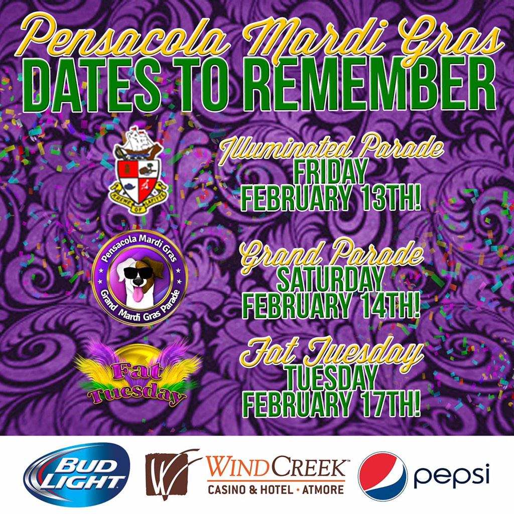 PcolaMARDIGRAS's tweet photo. Mark your calendars for the best Mardi Gras season yet! #PensacolaMardiGras #upsideoffl http://t.co/8zvt5yaQIM