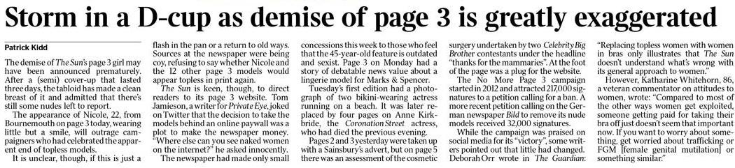 How The Times is reporting the return of The Sun's Page 3 girl.
#tomorrowspaperstoday #bbcpapers