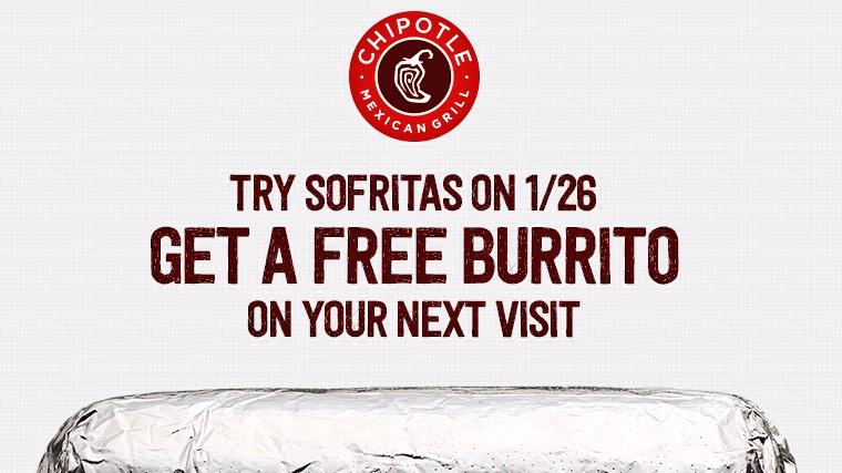ChipotleTweets's tweet photo. Order tofu Sofritas on 1/26, bring receipt back 1/27-2/28 for a FREE burrito: http://t.co/PNQMHZspLT -Joe http://t.co/FRELCzTTzF
