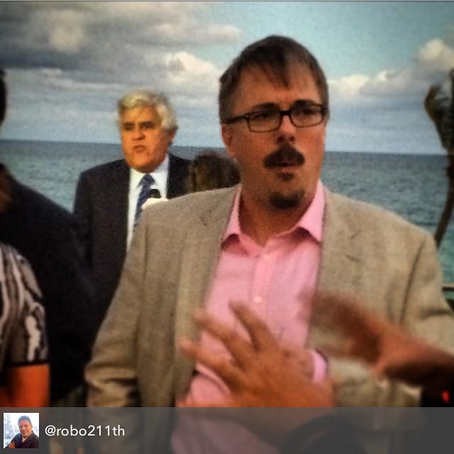 def6video's tweet photo. Photobomb by @JayLeno! #VinceGilligan #BreakingBad. Tag your napkin selfie #Def6Video #natpe2015 so good will happen! http://t.co/ZETqZbgH3k