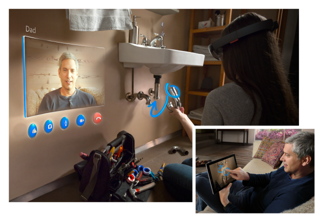 Dad is drawing on the screen, daughter sees the instructions superimposed on the real world in front of her #hololens