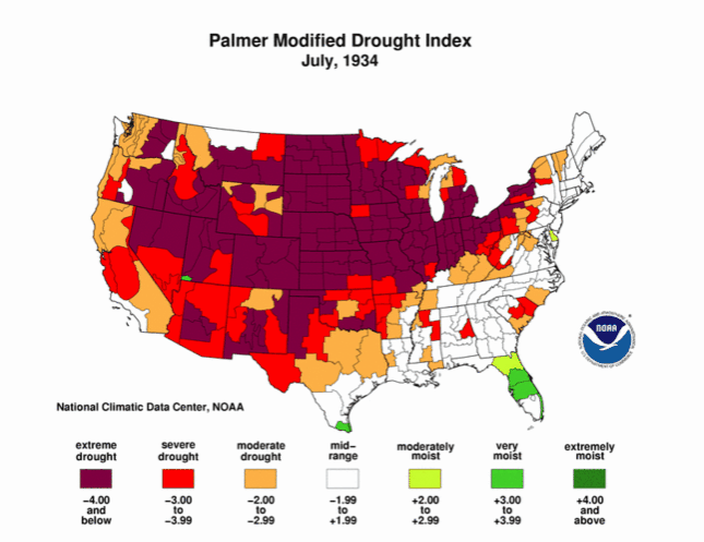 Tony__Heller's tweet photo. In 1934, 80% of the US was afflicted by drought. Nothing has anywhere come close to this during the past 50 years http://t.co/hBhkboU7GZ