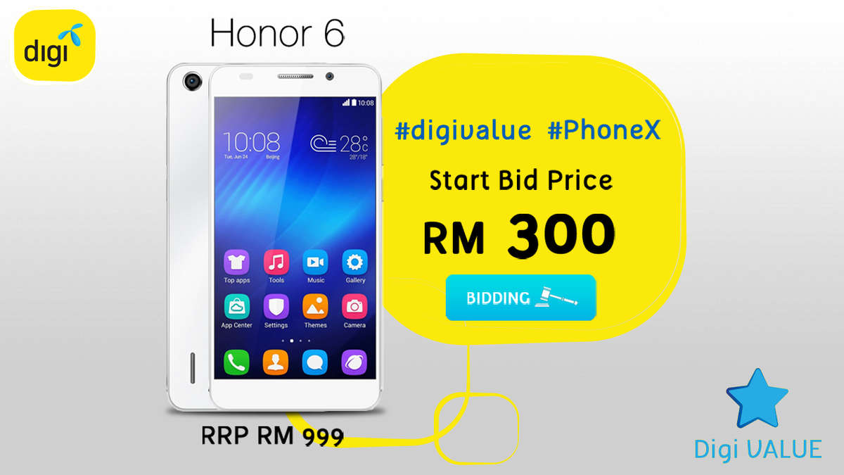 mydigizen's tweet photo. Let's try it out, ur first bid for should look like this #Honor6 should be "RM310 #PhoneX #digivalue" http://t.co/a2sV3WP1E5