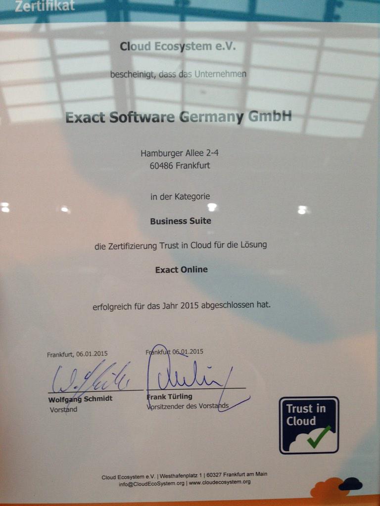 hartmutwagner's tweet image. We are now certified from the #CloudEcosystem in Gernany - congrats to the team #exactonline