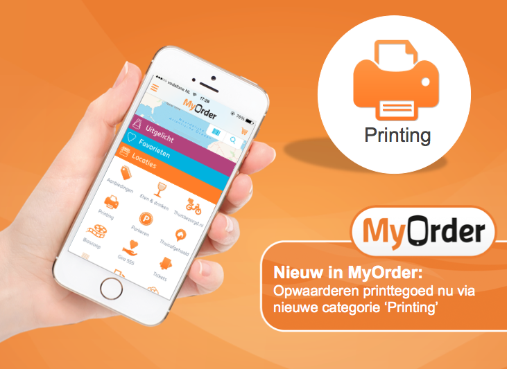 Ease2pay's tweet photo. Studenten opgelet! Het opwaarderen van je printtegoed doe je nu via de nieuwe categorie 'Printing' in de MyOrder-App! http://t.co/vuIL46Mo3L