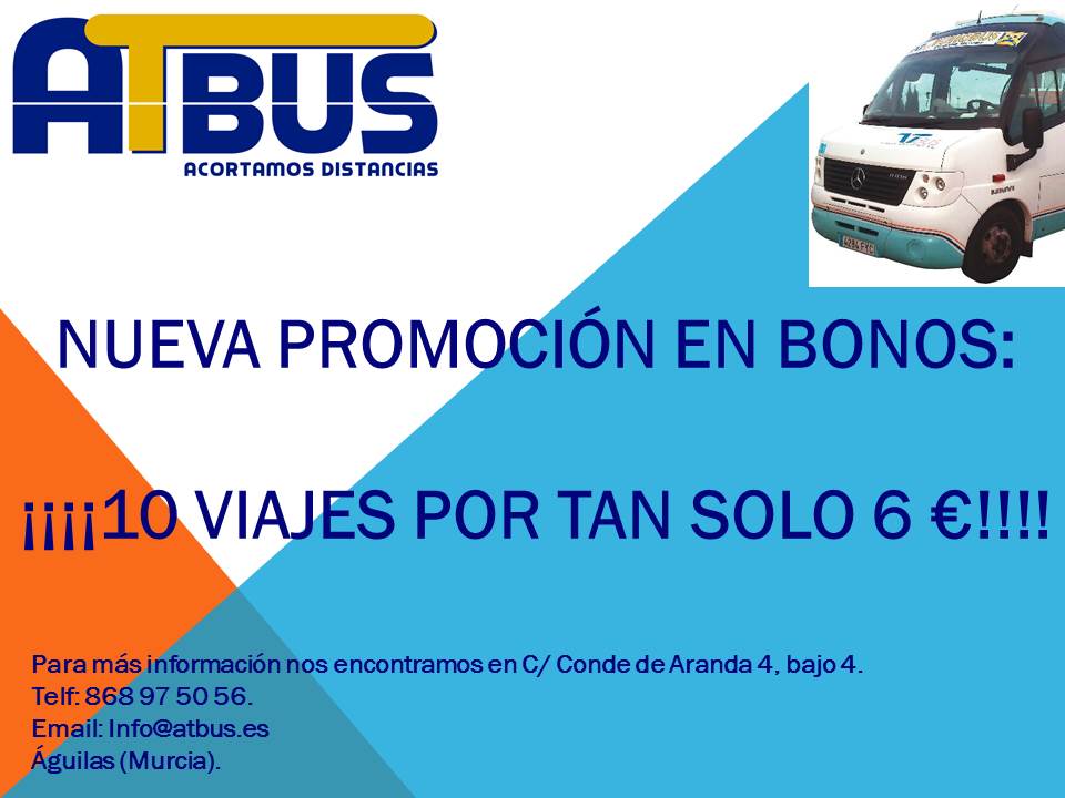 ATBUS1's tweet image. ¡Nueva promoción en bonos: 10 viajes por tan solo 6 €! Aprovéchate de esta oferta... ¡y déjate llevar! #Aguilas